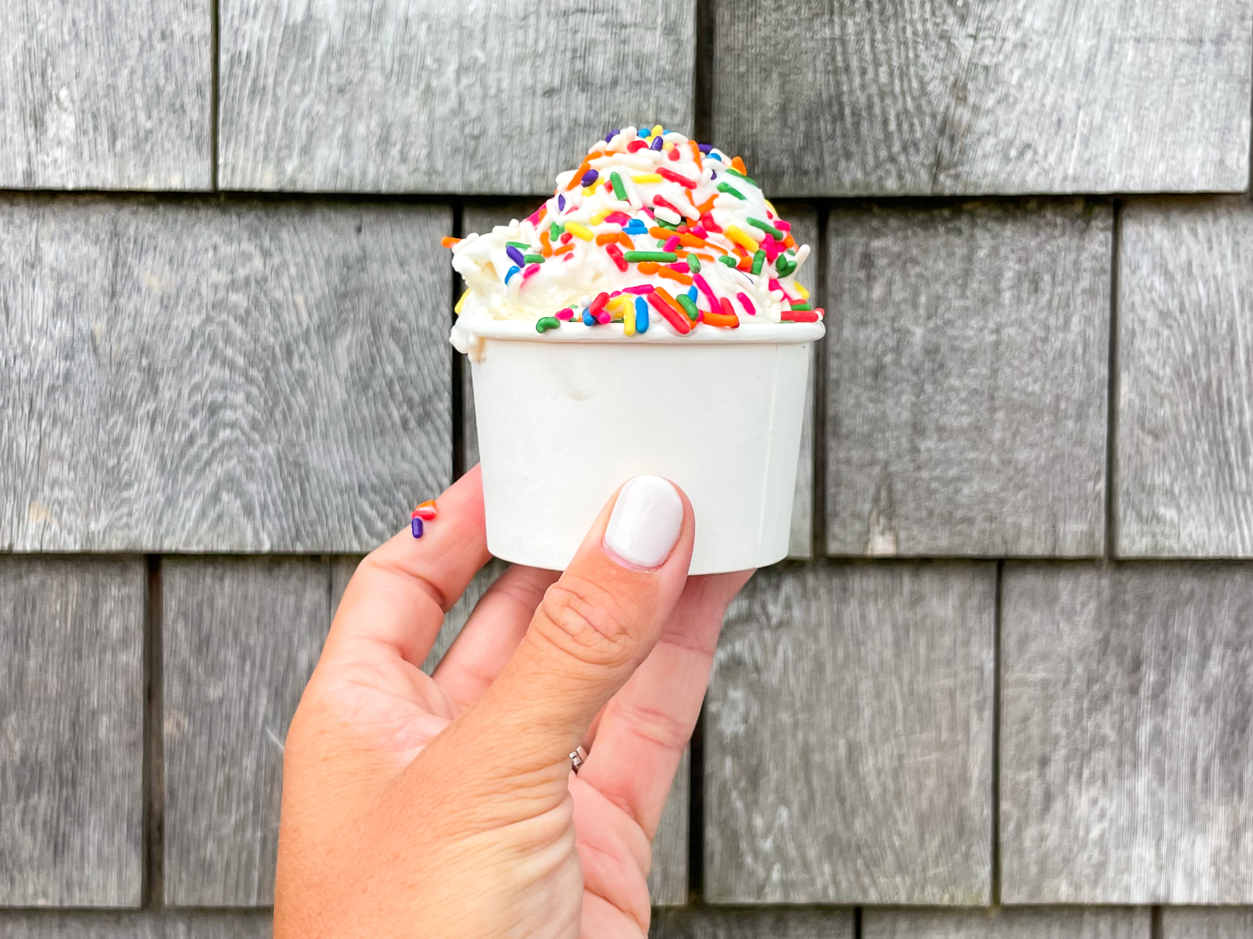 Small bowl of ice cream with rainbow sprinkles