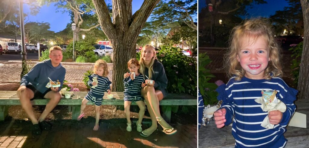 Kids eating ice cream in downtown Nantucket near the harbor. Little girl has melting blue ice cream.