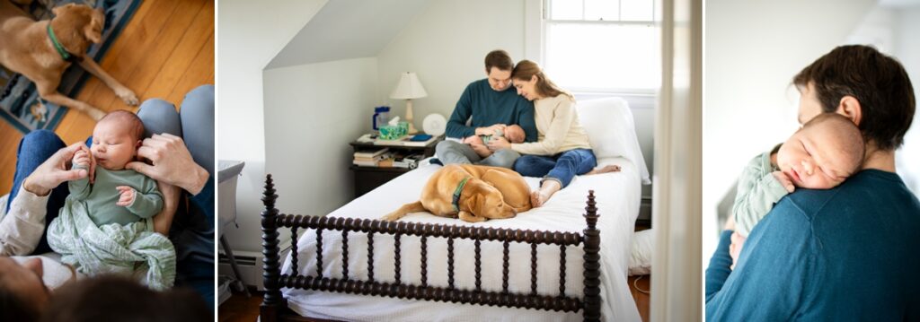 Photos from Boston in-home newborn photo session. Baby in parents lap with dog laying at their feet. Parents on bed holding baby. Baby boy asleep on dad's shoulder. 