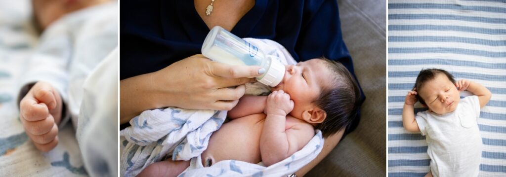 The best time to in-home newborn photo session is in the first 10 days which is when these photos were taken. Close up of hand, baby being ged a bottle, baby sleeping on blue and white stripped swaddle blanket.