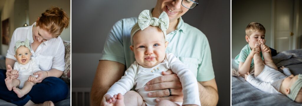 Images from older in-home newborn photo session. Four month old baby girl sitting in mom's lap smiling. Baby girl being held by dad, and older brother playing with baby sister's feet. 